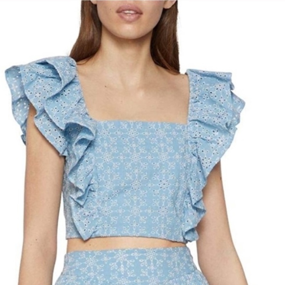 Light Blue Ruffled Short Sleeve Crop Top BCBG Size Large White Eyelets Smocked